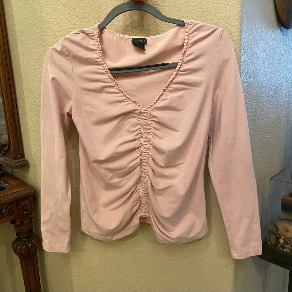 Vintage BABYSTYLE Women Light Pink Maternity Ruched Long Sleeve Top Size Petite